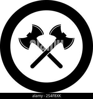 Icona a due assi vichinghi a doppia faccia, vettore di colore nero nell'illustrazione circolare, in stile piatto immagine semplice. Icona a due assi vichinghi a doppia faccia vettore di colore nero nell'immagine in stile piatto con illustrazione circolare Illustrazione Vettoriale