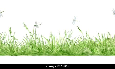 Erba verde e cespugli lussureggianti con motivo senza cuciture. Illustrazione digitale acquerello. . Vegetazione primaverile e paesaggio naturale isolato su sfondo bianco. Foto Stock