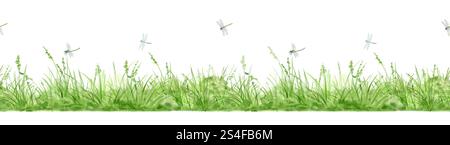 Erba verde e cespugli lussureggianti con motivo senza cuciture. Illustrazione digitale acquerello. . Vegetazione primaverile e paesaggio naturale isolato su sfondo bianco. Foto Stock