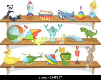 Illustrazione di un negozio per bambini con divertenti giocattoli a cartoni animati sugli scaffali. Set vettoriale di giocattoli. Scaffale in legno con piramide e razzo, dinosauro e coniglio. Illustrazione di un negozio per bambini con divertenti giocattoli a cartoni animati sugli scaffali. Gruppo vettoriale Illustrazione Vettoriale