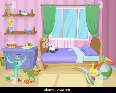 Camera per bambini con divertenti giocattoli sul pavimento. Bambini che giocano. Illustrazione vettoriale. Camera interna per bambini con giocattoli, camera per bambini. Camera per bambini con divertenti giocattoli sul pavimento. Bambini che giocano. Illustrazione vettoriale Illustrazione Vettoriale