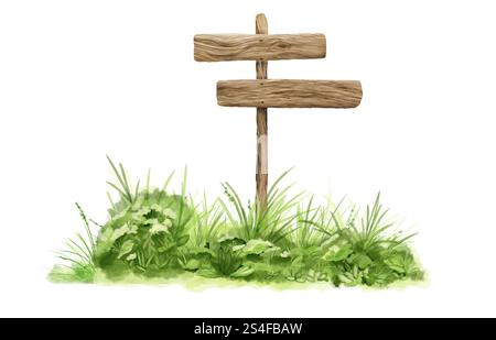 Cartello in legno su un palo tra i cespugli e l'erba verde. Illustrazione digitale acquerello. Vegetazione primaverile e paesaggio naturale isolato su wh Foto Stock