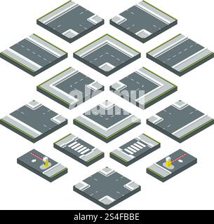 Elementi isometrici della città strada, erba e incroci. Le illustrazioni vettoriali impostano l'isolamento su sfondo bianco. Elementi della strada, tratto stradale asfaltato per la progettazione. Elementi isometrici della città strada, erba e incroci. Le illustrazioni vettoriali impostano l'isolamento su sfondo bianco Illustrazione Vettoriale