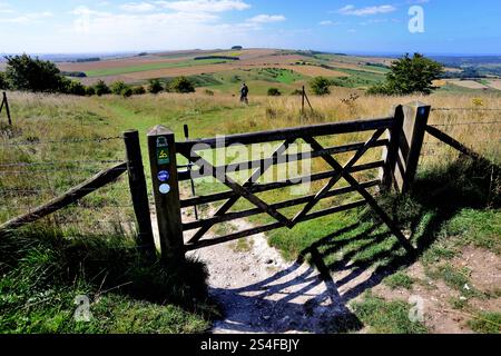 Un ciclista che fa una pausa per ammirare la vista da Cherhill giù verso Morgan's Hill, Wiltshire. Foto Stock