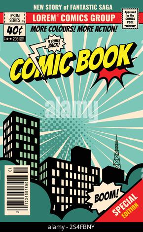 Copertina rivista retrò. Modello vettoriale di fumetti vintage. Copertina del libro per l'illustrazione della pagina di una rivista di fumetti. Copertina rivista retrò. Modello vettoriale di fumetti vintage Illustrazione Vettoriale