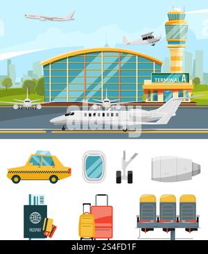 Illustrazione del terminale aeroportuale, aeromobile e diverse icone specifiche. Aeroporto con aereo, terminal con aereo. Illustrazione del terminale aeroportuale, aeromobile e diverse icone specifiche Illustrazione Vettoriale