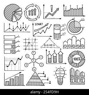 Illustrazioni aziendali di grafici, grafici e altri elementi infografici diversi. Immagini disegnate a mano. Disegno grafico, schema grafico di doodle aziendale. Illustrazioni aziendali di grafici, grafici e altri elementi infografici diversi. Immagini disegnate a mano Illustrazione Vettoriale