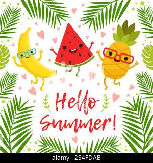 Divertenti frutti tropicali alla festa estiva. Sfondo vettoriale. Frutta estiva ananas e banana dolce, illustrazione di frutta esotica. Divertenti frutti tropicali alla festa estiva. Sfondo vettoriale Illustrazione Vettoriale