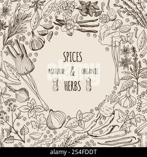 Sane illustrazioni di fondo con spezie ed erbe aromatiche. Immagini disegnate a mano con spazio per il testo. Spezia sana e pianta, erbe rosmarino naturale. Sane illustrazioni di fondo con spezie ed erbe aromatiche. Immagini disegnate a mano con spazio per il testo Illustrazione Vettoriale