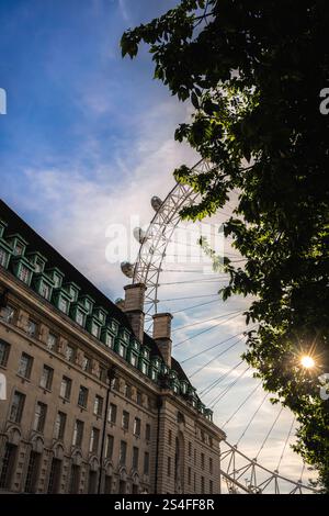Una vista dettagliata del London Eye, che cattura la sua struttura intricata e le iconiche postazioni passeggeri durante un tranquillo tramonto Foto Stock