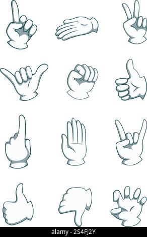Il cartone animato si muove in posizioni diverse. Le illustrazioni delle parti anatomiche vettoriali vengono isolate in bianco. Palmo umano cartoni animati, mano con pollice in alto. Il cartone animato si muove in posizioni diverse. Le illustrazioni delle parti anatomiche vettoriali vengono isolate in bianco Illustrazione Vettoriale