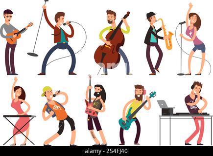 Musicisti rock e pop personaggi vettoriali dei cartoni animati. Giovani chitarristi, batteristi e cantanti isolati. Rock band in concerto, chitarrista e cantante artista illustrazione. Musicisti rock e pop personaggi vettoriali dei cartoni animati. Giovani chitarristi, batteristi e cantanti isolati Illustrazione Vettoriale