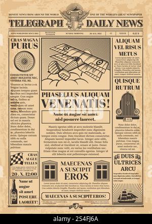 Vecchio modello vettoriale per giornali. Stampa retrò con testo e immagini. Giornale vintage con illustrazione della colonna degli articoli di testo. Vecchio modello vettoriale per giornali. Stampa retrò con testo e immagini Illustrazione Vettoriale