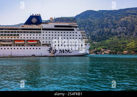 Una vista laterale dettagliata di una nave da crociera MSC ormeggiata nella splendida baia di Cattaro, Montenegro Foto Stock
