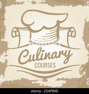 Piatti culinari, emblema grunge o logo design con cappello chef. Illustrazione vettoriale. Piatti culinari, emblema grunge o logo design Illustrazione Vettoriale