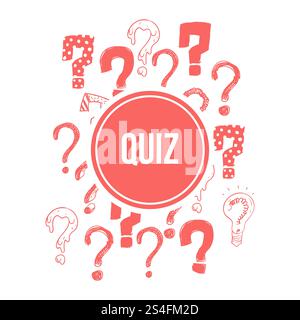 Design del banner del quiz con punti interrogativi rosa disegnati a mano. Illustrazione vettoriale. Design del banner del quiz con punti interrogativi rosa disegnati a mano Illustrazione Vettoriale