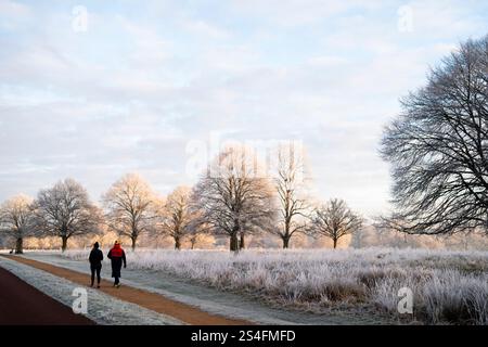 Camminate all'alba a Richmond Park, Londra. Gran parte del Regno Unito ha sopportato temperature al di sotto del congelamento durante la notte, mentre il freddo sprigiona in tutto il Regno Unito continua. Data foto: Domenica 12 gennaio 2025. Foto Stock