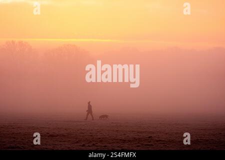 Camminatori di cani all'alba a Richmond Park, Londra. Gran parte del Regno Unito ha sopportato temperature al di sotto del congelamento durante la notte, mentre il freddo sprigiona in tutto il Regno Unito continua. Data foto: Domenica 12 gennaio 2025. Foto Stock