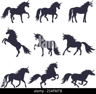 Illustrazioni mitologiche serie di unicorni sagoma in posizioni diverse. Immagini vettoriali di cavalli neri medievali. Unicorno con silhouette nera, illustrazione della silhouette magica di un animale. Illustrazioni mitologiche serie di unicorni sagoma in posizioni diverse. Immagini vettoriali di cavalli neri medievali Illustrazione Vettoriale