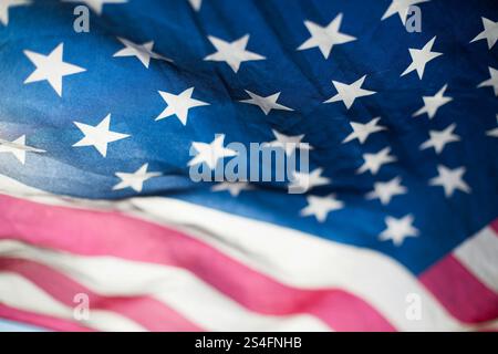 Foto ravvicinata di un'ondeggiante bandiera degli Stati Uniti Foto Stock