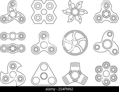 Immagini vettoriali a linea singola di giocattoli giravite per giochi anti-stress. Linear fidget spinner per la rotazione, illustrazione di un segreto meccanico. Immagini vettoriali a linea singola di giocattoli giravite per giochi anti-stress Illustrazione Vettoriale