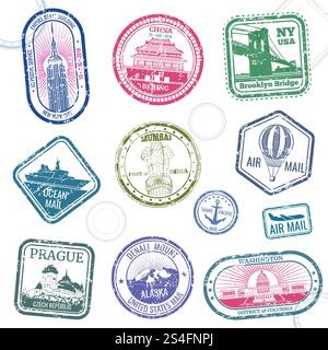 Francobolli vettoriali vintage con simboli internazionali e marchi famosi. Timbro di arrivo del viaggio per passaporto, illustrazione del confine nazionale internazionale. Francobolli vettoriali vintage con simboli internazionali e marchi famosi Illustrazione Vettoriale