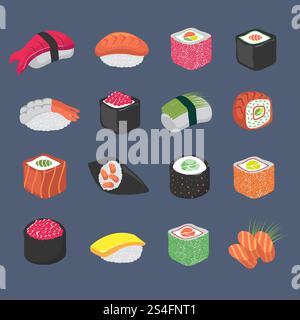 Cartoon sushi Rolls, cucina giapponese, menu vettoriale di pesce. Sushi, panini con salmone e alghe. Cartoon sushi Rolls, cucina giapponese, menu vettoriale di pesce Illustrazione Vettoriale
