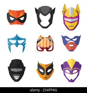 Diverse maschere da supereroi per bambini. Illustrazioni vettoriali in stile piatto. Collezione di costumi supereroi con maschera rinfrescante. Diverse maschere da supereroi per bambini. Illustrazioni vettoriali in stile piatto Illustrazione Vettoriale