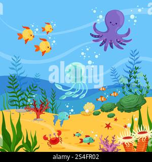 Illustrazione subacquea di sfondo con animali oceanici, piante e pesci. Fauna marina vettoriale subacquea con alghe marine e pesci. Illustrazione subacquea di sfondo con animali oceanici, piante e pesci. Immagini vettoriali Illustrazione Vettoriale
