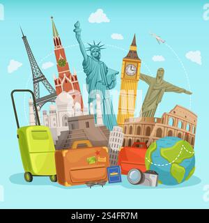 Design di poster da viaggio con diversi punti di riferimento del mondo. Illustrazione vettoriale. Famoso in tutto il mondo. Design di poster da viaggio con diversi punti di riferimento del mondo. Illustrazioni vettoriali Illustrazione Vettoriale