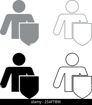 Stick man con scudo protezione dei dati personali Concept Man con scudo per riflettere un attacco protetto dall'attacco Set di icone idea di attacco illustrazione vettoriale di colore grigio nero immagine semplice in stile piatto Illustrazione Vettoriale