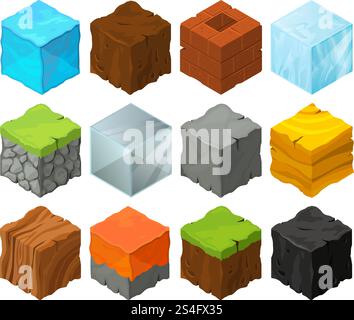 Blocchi isometrici con texture diverse per la progettazione della posizione dei giochi 3D. Lava, pietre, ghiaccio ed erba. Cubi vettoriali in metallo e legno per design isometrico di gioco, blocchi di legno di ghiaccio e pietre. Blocchi isometrici con texture diverse per la progettazione della posizione dei giochi 3D. Lava, pietre, ghiaccio ed erba. Cubi vettoriali in metallo e legno Illustrazione Vettoriale