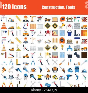 Set di icone 120. Costruzione di strumenti e temi. Color Design piatto. Illustrazione Vettoriale. Illustrazione Vettoriale