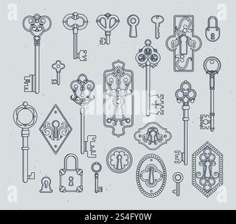 Chiavi e lucchetti vintage per porte medievali. Illustrazioni vettoriali disegnate a mano. Chiave d'epoca con decorazioni in stile vittoriano. Chiavi e lucchetti vintage per porte medievali. Illustrazioni vettoriali disegnate a mano Illustrazione Vettoriale