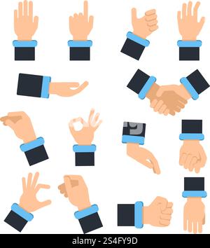 Tenersi per mano in diverse pose d'azione. Afferrare, prendere e altro. Immagini vettoriali in posa per mano e dito. Tenersi per mano in diverse pose d'azione. Afferrare, prendere e altro. Immagini vettoriali in stile piatto Illustrazione Vettoriale