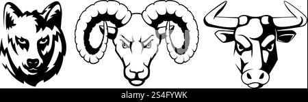 Emblemi dello sport con animali diversi. Lupo, ariete e tori. Illustrazioni vettoriali per etichette di lupo animale e toro con RAM monocromatica. Emblemi dello sport con animali diversi. Lupo, ariete e tori. Illustrazioni vettoriali per le etichette Illustrazione Vettoriale