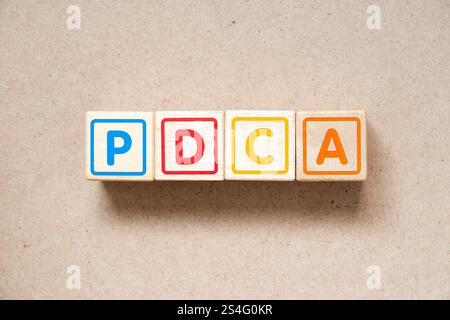 Blocco di lettere alfabetiche in Word PDCA (abbreviazione di plan do check Act) su sfondo legno Foto Stock