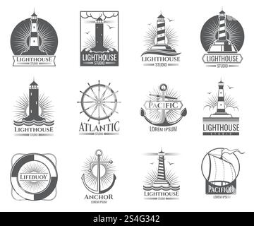 Etichette nautiche d'epoca con light House, barca e ancore. Set di vecchi loghi blu navy con ancora e illustrazione di una casa luminosa. Etichette nautiche d'epoca con light House, barca e ancore. Set di vecchi loghi della marina Illustrazione Vettoriale