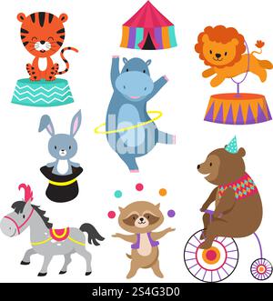 Animali da circo cartoni animati per il vettore di biglietti di compleanno per bambini. Animale nel circo, elefante felice e leone, spettacolo di carnevale con illustrazione dell'orso in bicicletta. Animali da circo cartoni animati per cartoncino di compleanno per bambini Illustrazione Vettoriale