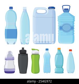 Bottiglie di vetro e plastica di diversi tipi per alcool e acqua. Bottiglia di plastica con raccolta dell'acqua, illustrazione del contenitore trasparente. Bottiglie di vetro e plastica di diversi tipi per alcool e acqua Illustrazione Vettoriale