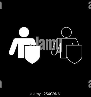 Stick man con scudo protezione dei dati personali Concept Man con scudo per riflettere un attacco protetto dall'attacco Set di icone idea di attacco illustrazione vettoriale di colore bianco immagine semplice in stile piatto Illustrazione Vettoriale
