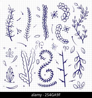 Rami di doodle disegnati a mano ed elementi decorativi isolati. Illustrazione vettoriale. Rami e elementi decorativi disegnati a mano Illustrazione Vettoriale