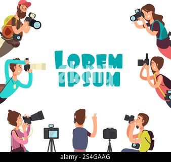 Fotografi che scattano foto. Concetto vettoriale per la fotografia all'aperto. Fotografo con fotocamera, personaggio paparazzi illustrazione. Fotografi che scattano foto. Concetto vettoriale per la fotografia all'aperto Illustrazione Vettoriale