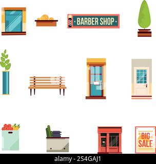 Set di icone delle strade cittadine, stile piatto. Banchina e porta per lo shopping degli elementi urbani della città. Illustrazione vettoriale. Set di icone delle strade cittadine, stile piatto Illustrazione Vettoriale