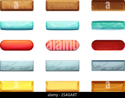Pulsanti attivi, spenti e premuti. Animazione di stati diversi. Premere il pulsante di animazione del gioco, illustrazione vettoriale. Pulsanti attivi, spenti e premuti. Animazione di stati diversi Illustrazione Vettoriale