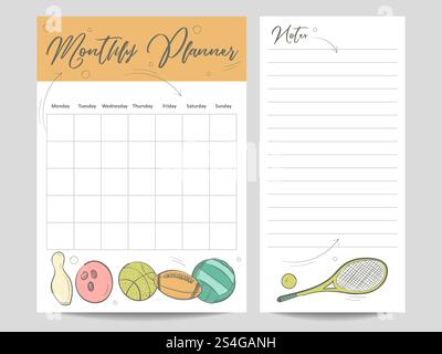 Pianificatore mensile e pagina per il modello di note con elementi sportivi da schizzo. Illustrazione vettoriale. Pianificatore mensile e pagina per il modello di note Illustrazione Vettoriale