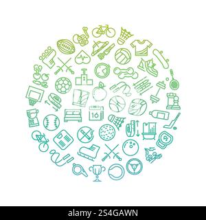 Icone della linea degli strumenti sportivi con design circolare. Logo fitness verde alla moda su bianco. Illustrazione vettoriale. Icone della linea degli strumenti sportivi con design circolare Illustrazione Vettoriale