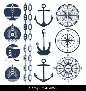 Set di loghi ed elementi nautici - catenelle di ancoraggio per fari a bussola. Illustrazione vettoriale. Set di loghi ed elementi nautici - catenelle di ancoraggio per fari a bussola Illustrazione Vettoriale