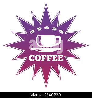 Design dell'etichetta del negozio di caffè e caffè in grani. Illustrazione vettoriale. Tazza di caffè e chicchi di caffè su un design di etichetta luminoso Star Illustrazione Vettoriale
