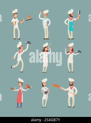 Chef di ristoranti sorridenti, cuochi professionisti nel set di personaggi vettoriali dei cartoni animati uniformi della cucina. Chef professionista in uniforme. Chef di ristoranti sorridenti, cuochi professionisti nel set di personaggi vettoriali dei cartoni animati uniformi della cucina Illustrazione Vettoriale